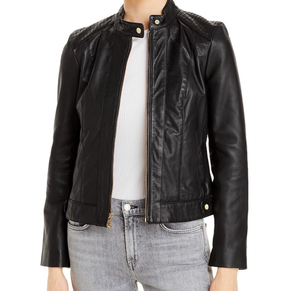 Cole Haan Signature Faux Leather Quilted Biker Jacket Black Gold Size Medium